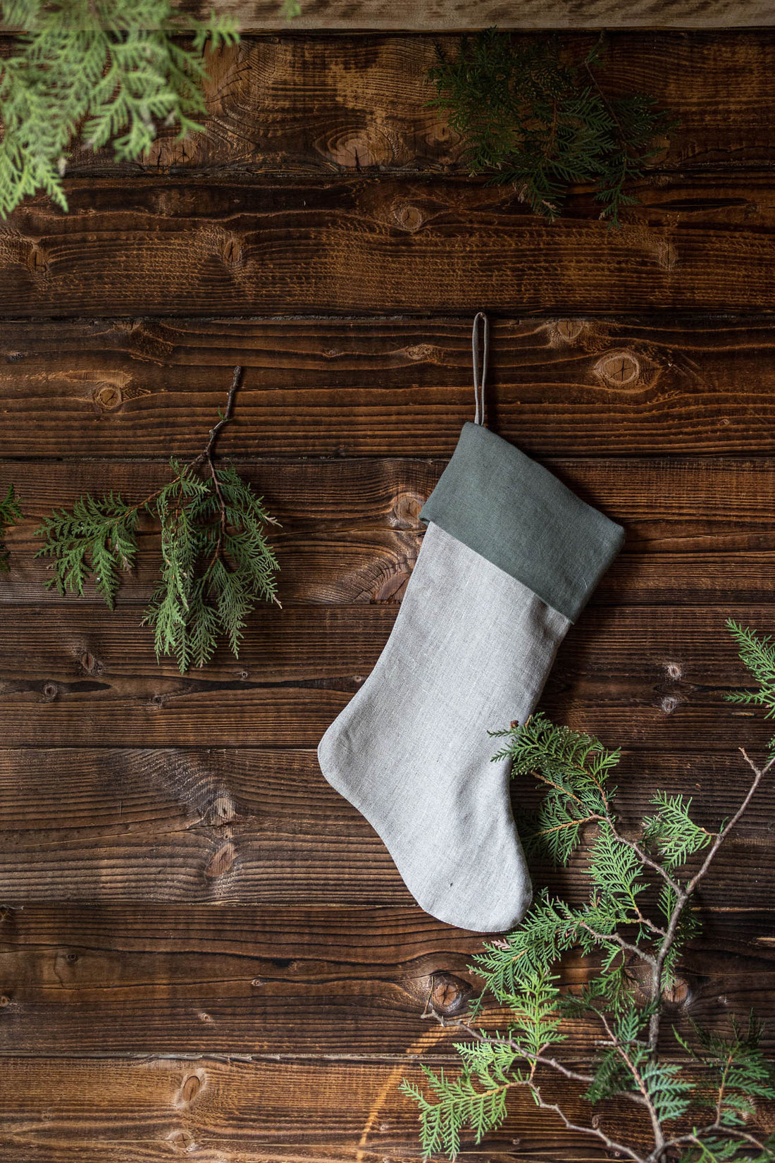 Gray green linen Christmas stocking