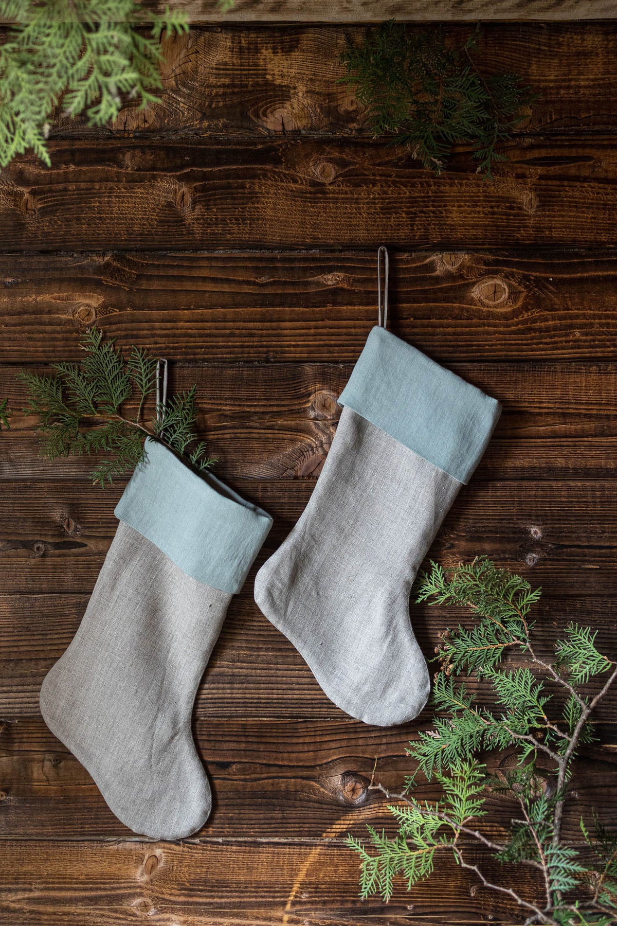 Frosty green linen Christmas stocking