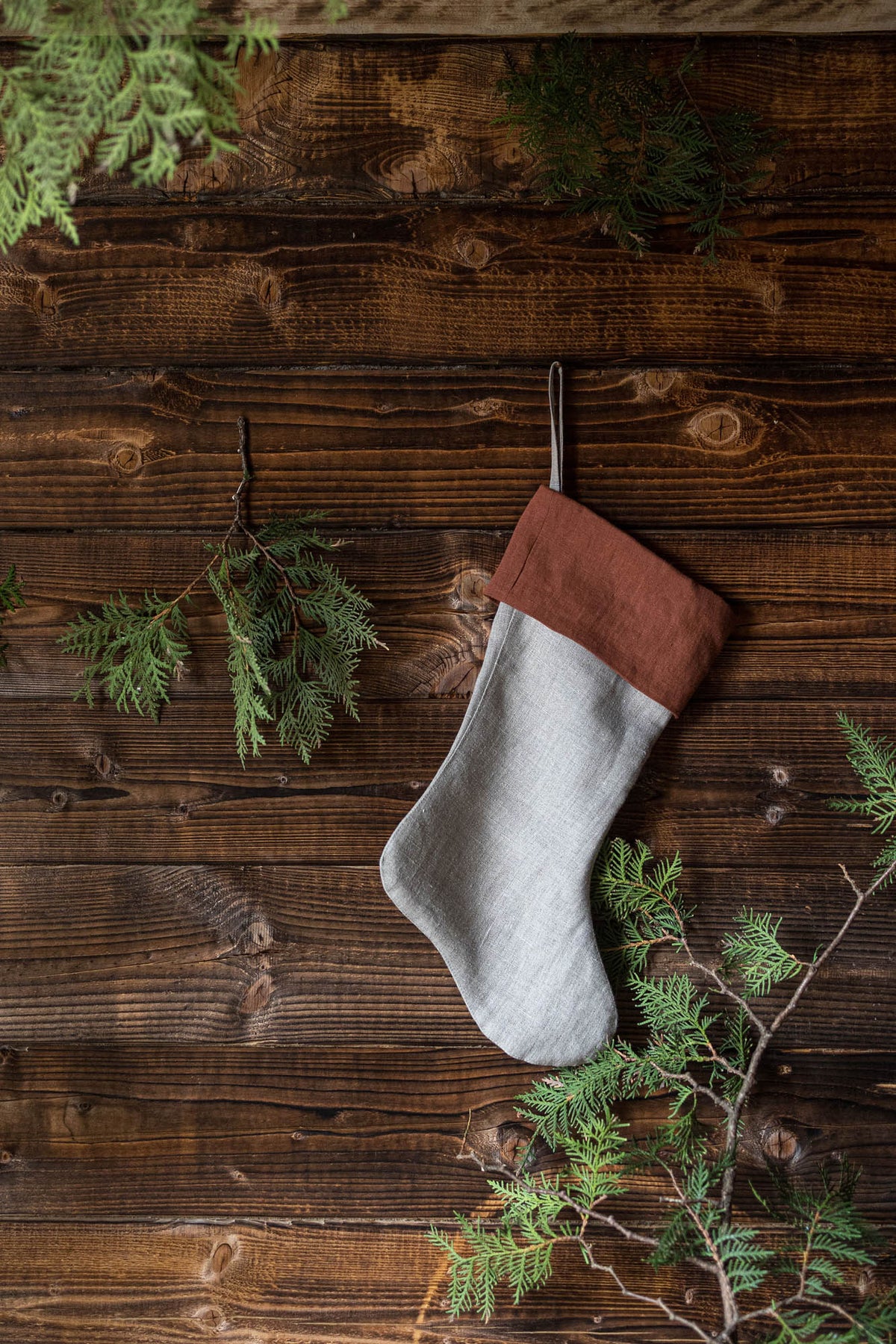Burnt orange linen Christmas stocking