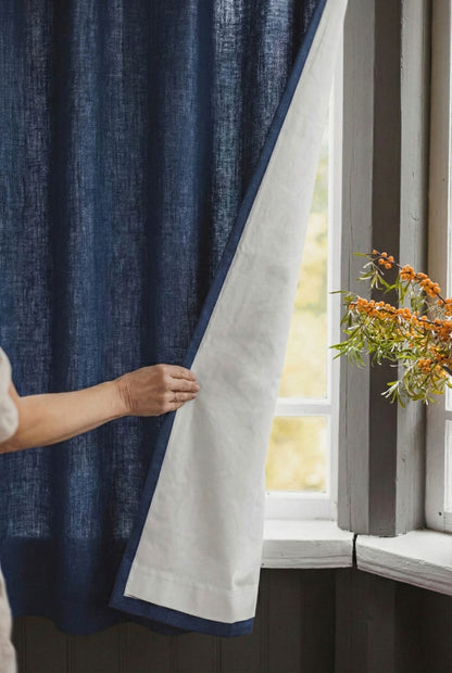 Midnight blue linen curtain with cotton lining and multifunctional heading tape