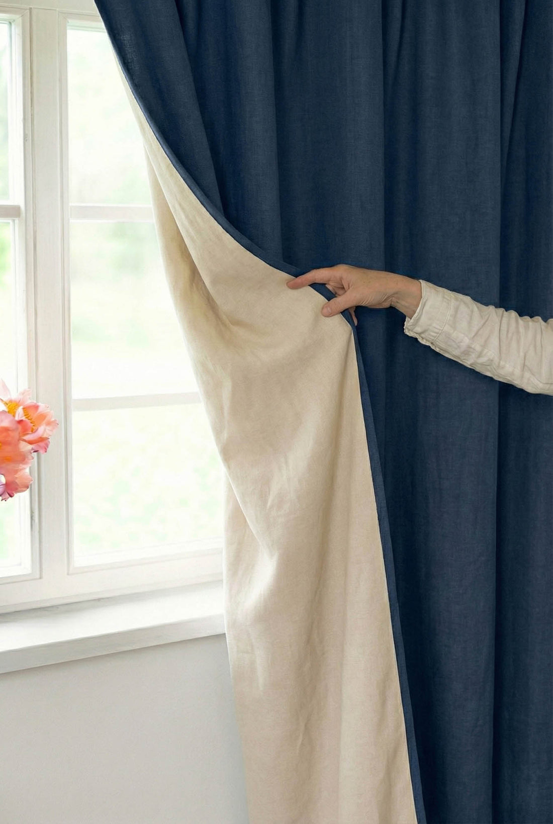 Midnight blue linen blackout curtain with multifunctional heading tape
