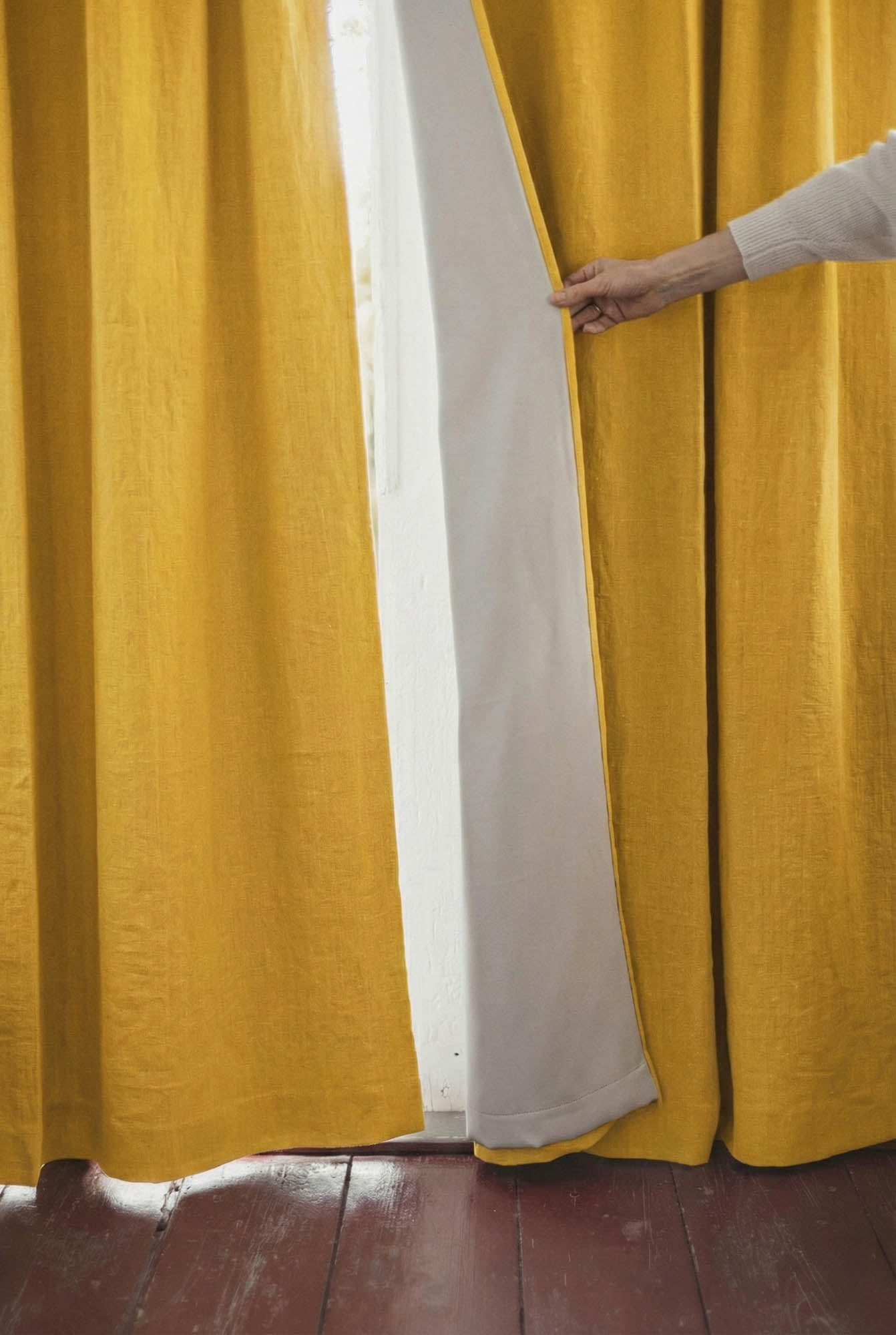 Mimosa yellow linen blackout curtain with multifunctional heading tape