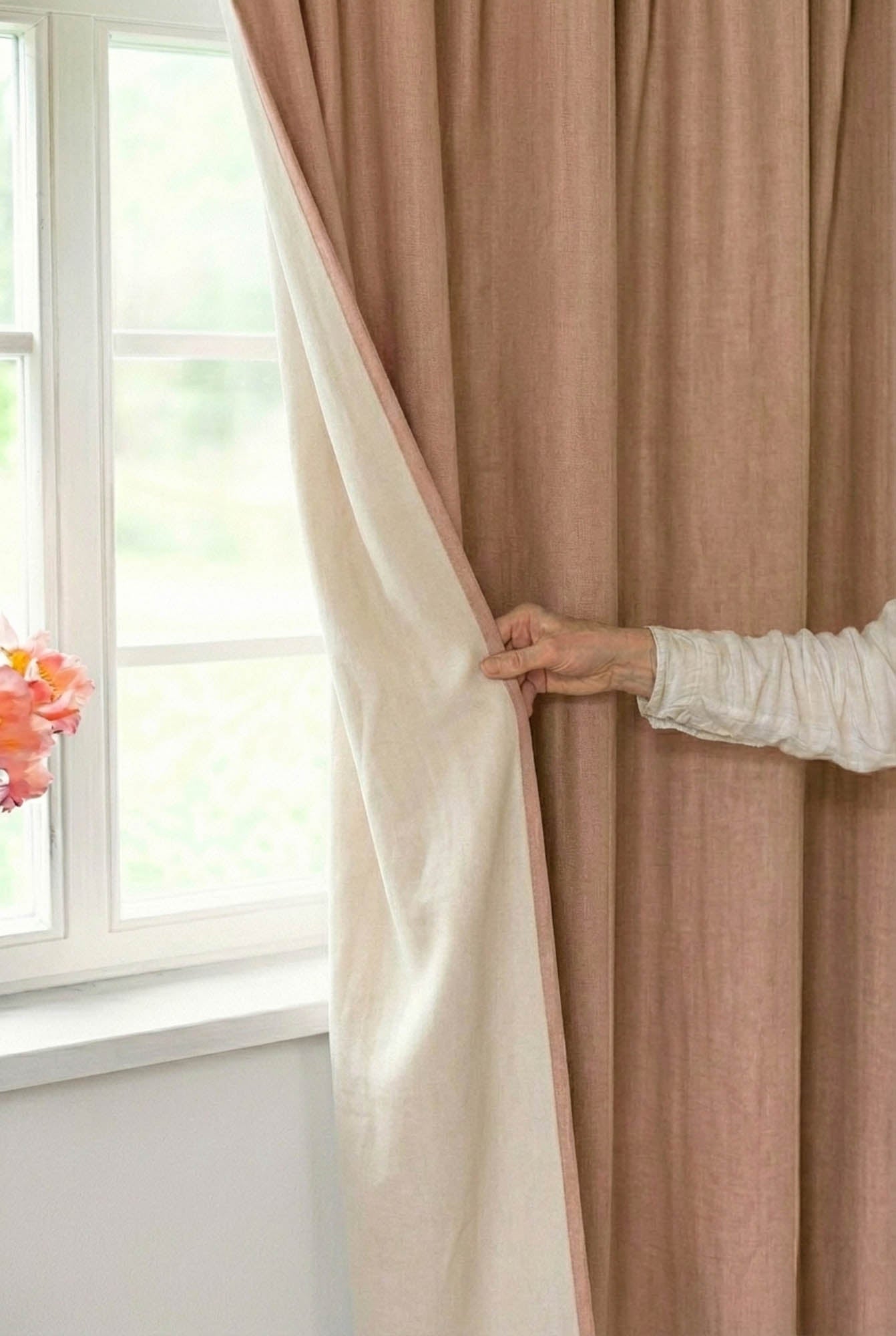 Misty rose linen blackout curtain with multifunctional heading tape