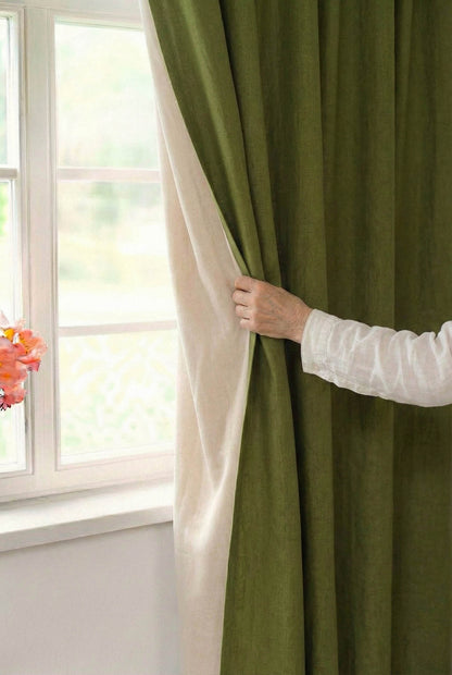 Moss green linen blackout curtain with multifunctional heading tape
