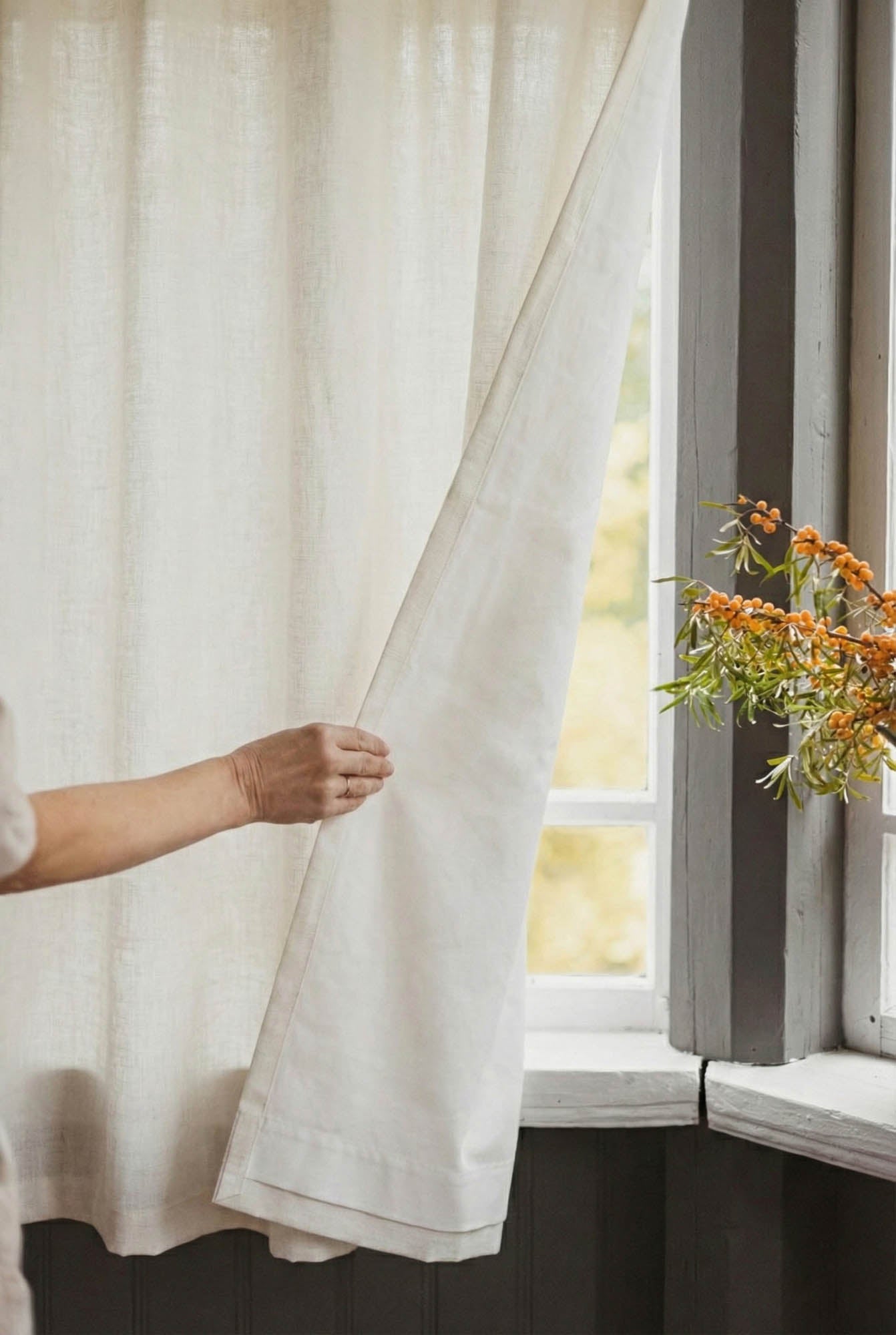 Off white linen curtain with cotton lining and multifunctional heading tape