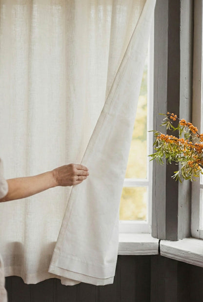 Off white linen curtain with cotton lining and multifunctional heading tape
