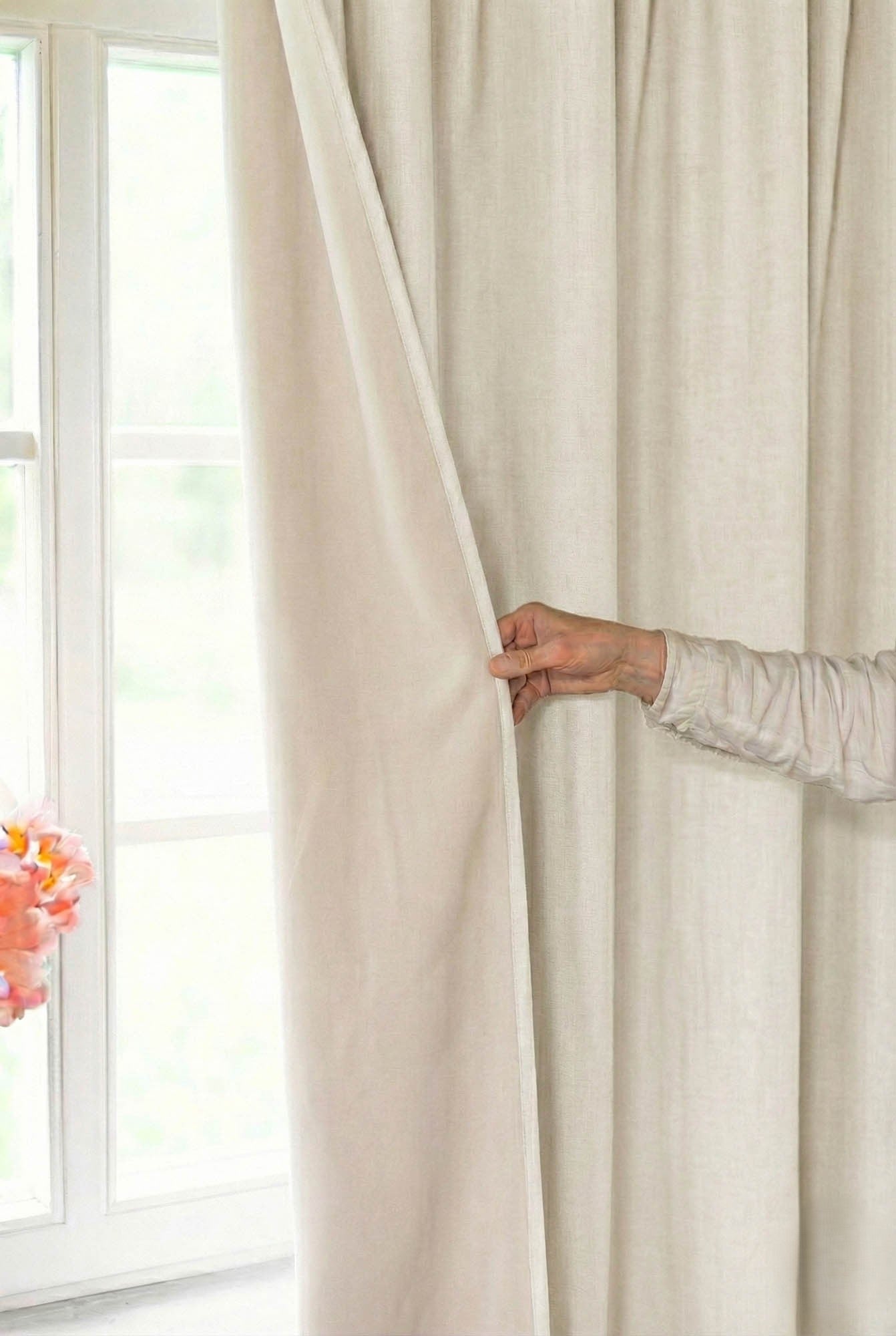 Off white linen blackout curtain with multifunctional heading tape