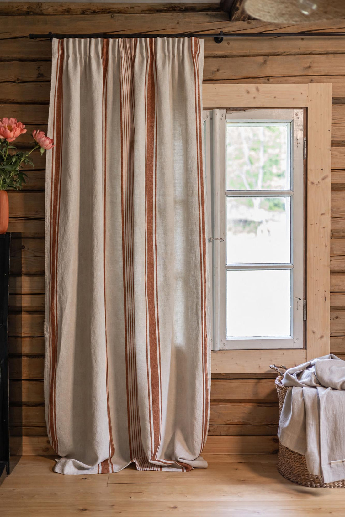 Pencil pleat linen curtain – French style with burnt orange stripes