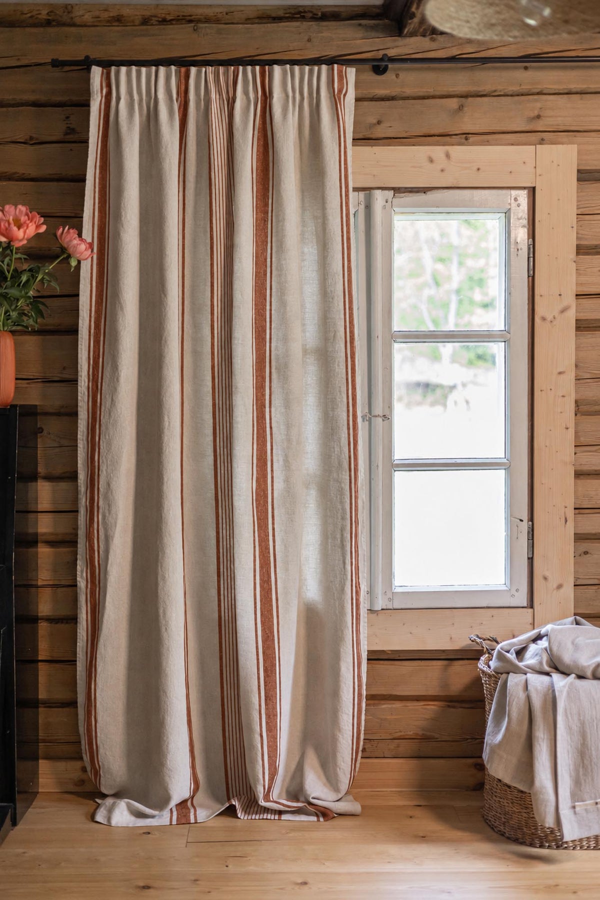 Pencil pleat linen curtain – French style with burnt orange stripes