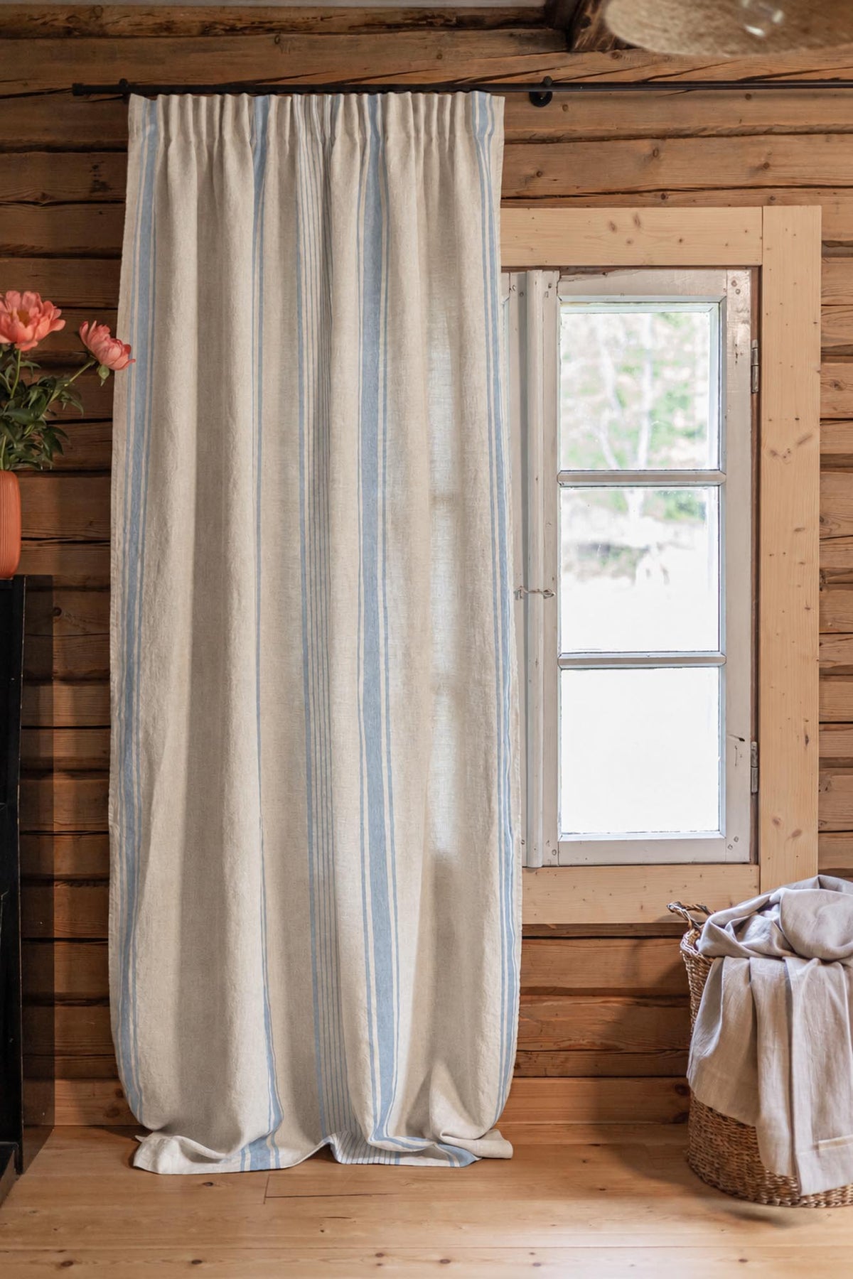 Pencil pleat linen curtain – French style with coastal blue stripes