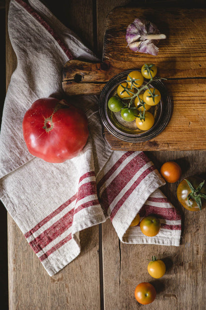 Linen towels with cherry red stripes - set of 2