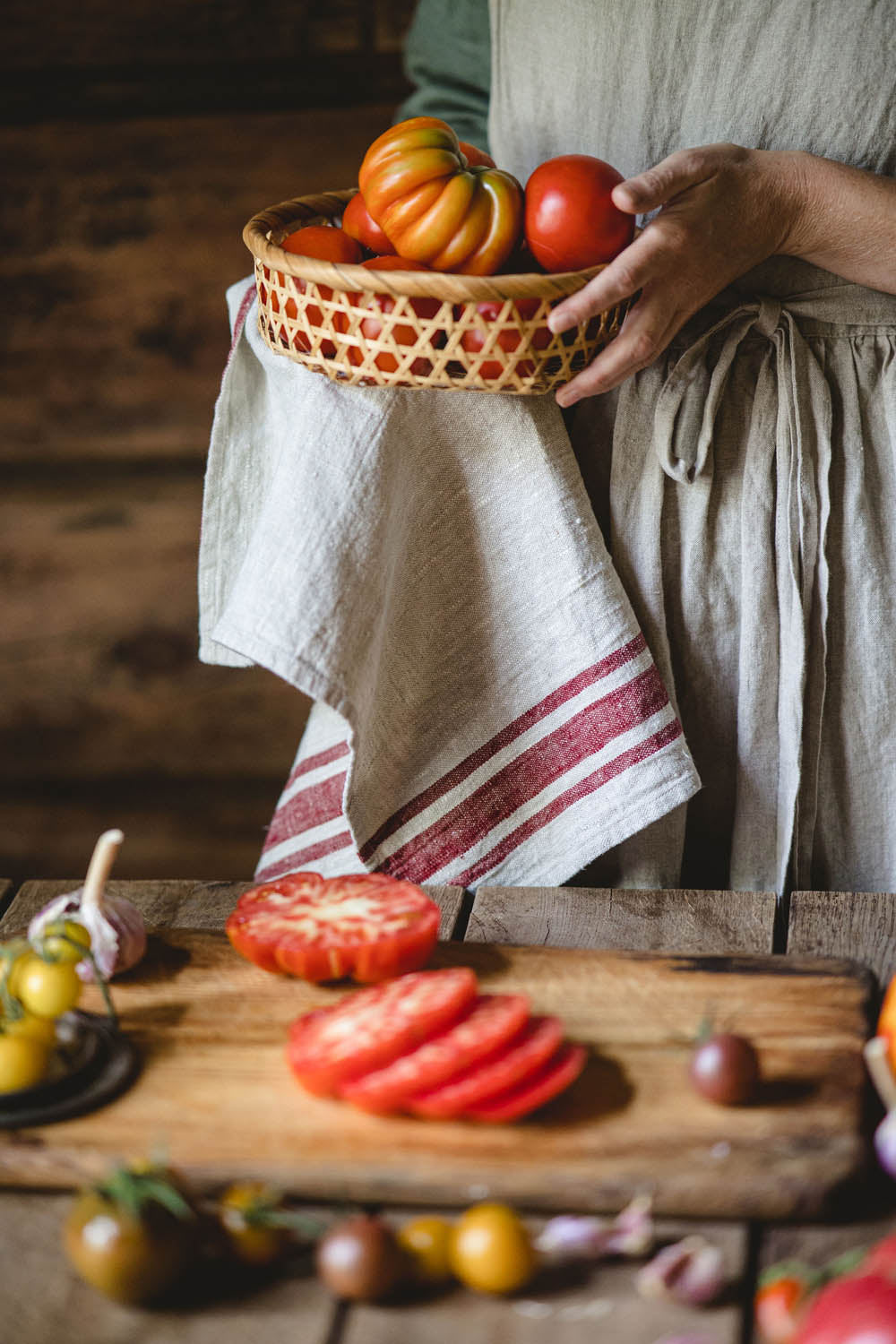 Linen towels with cherry red stripes - set of 2