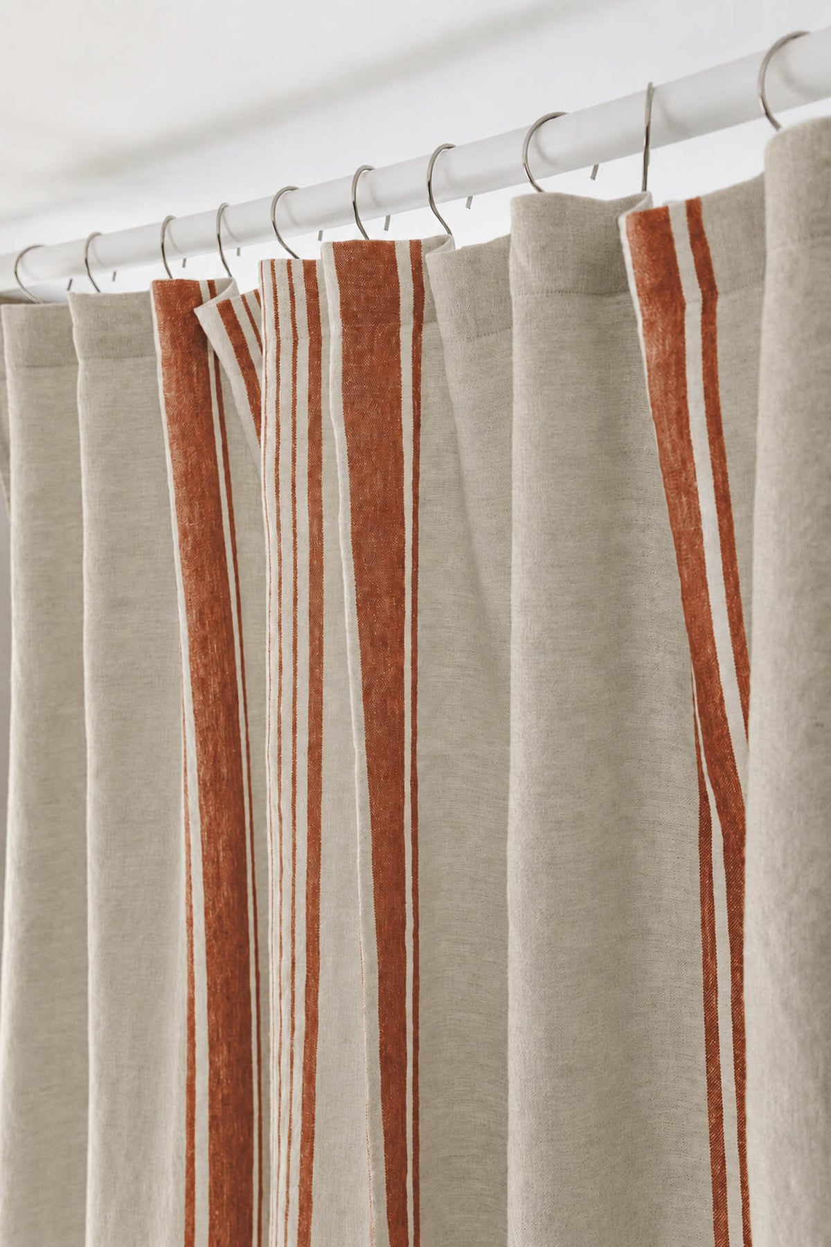 French style linen shower curtain with burnt orange stripes