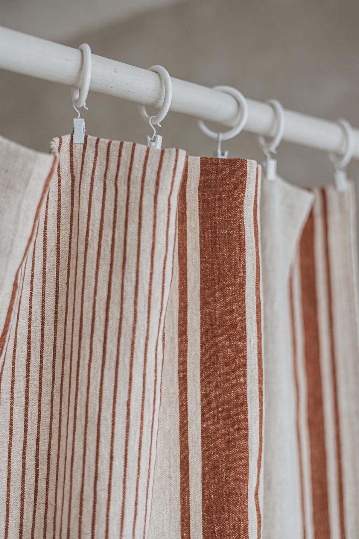 French style linen curtain with burnt orange stripes and simple hem, for clips