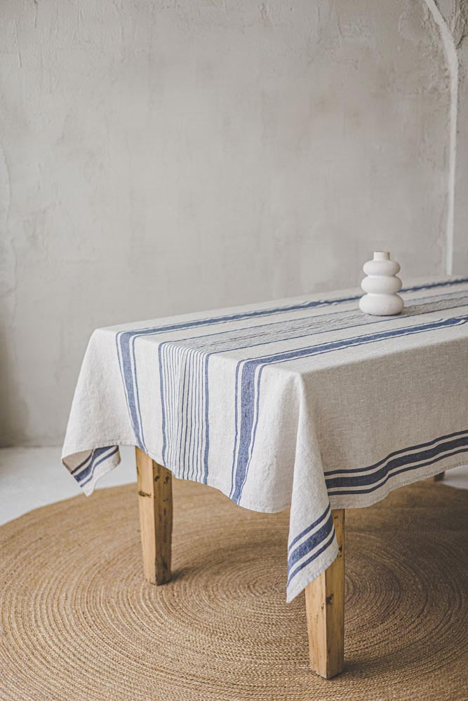 Linen tablecloth with blue stripes
