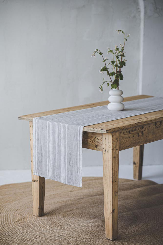 Linen table runner with natural stripes