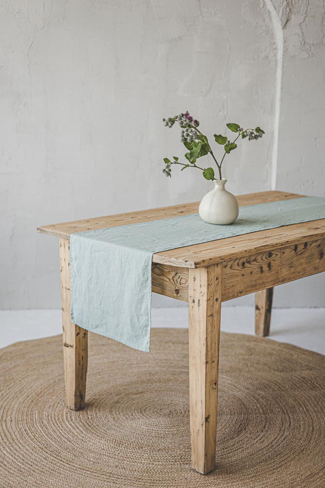 Frosty green linen table runner