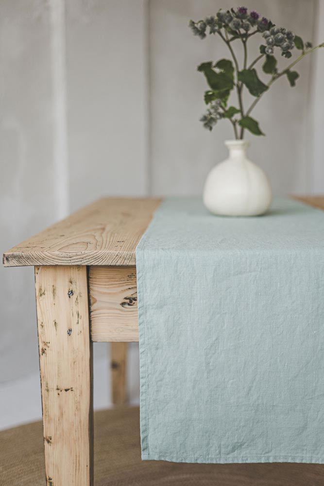 Frosty green linen table runner