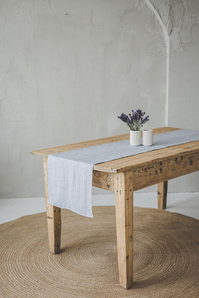 Grey linen table runner with black stripes