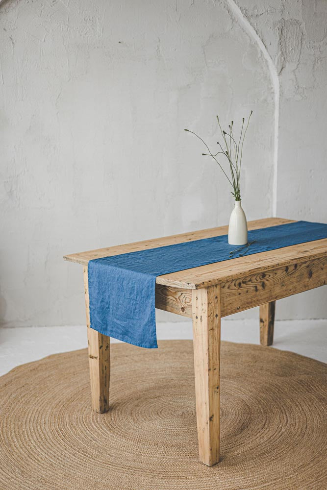 Cornflower blue linen table runner