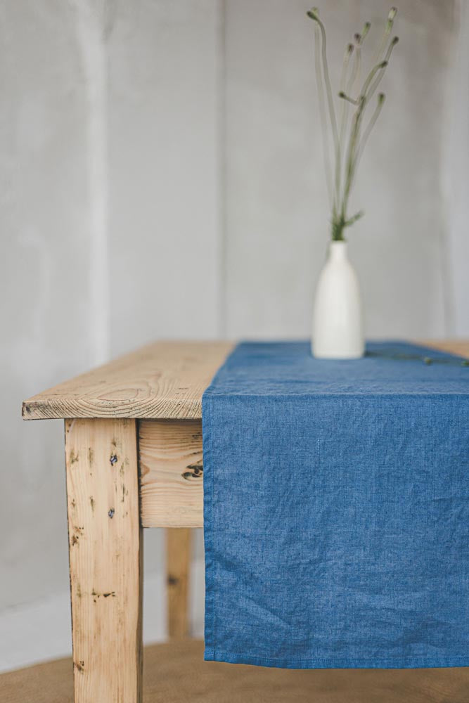 Cornflower blue linen table runner