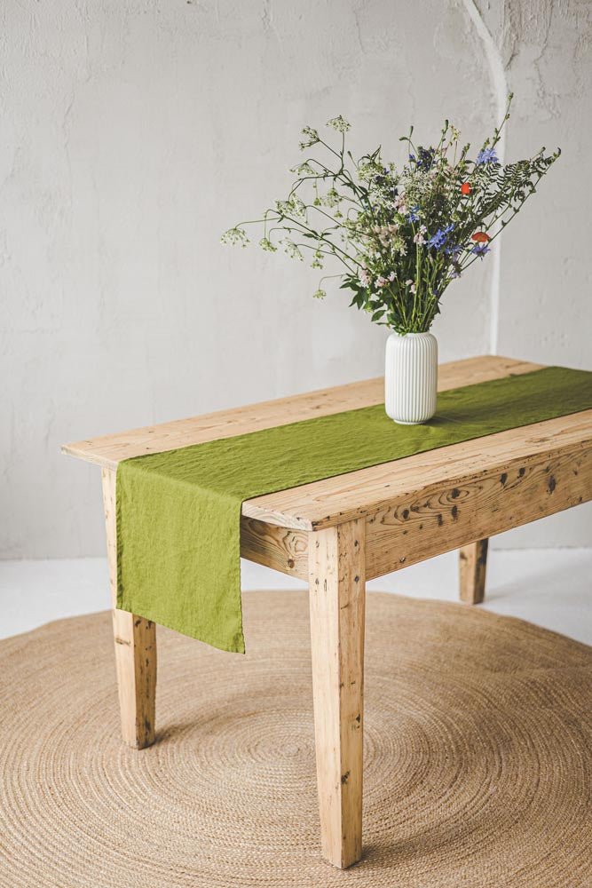 Moss green linen table runner