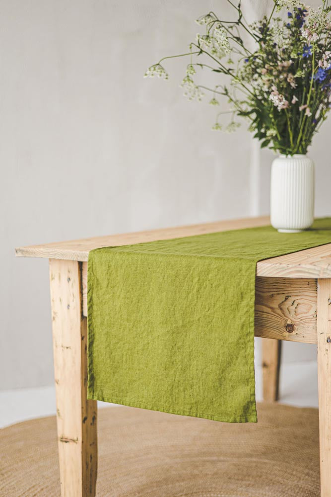 Moss green linen table runner