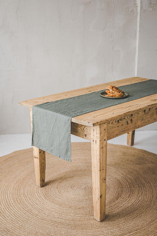 Gray green linen table runner