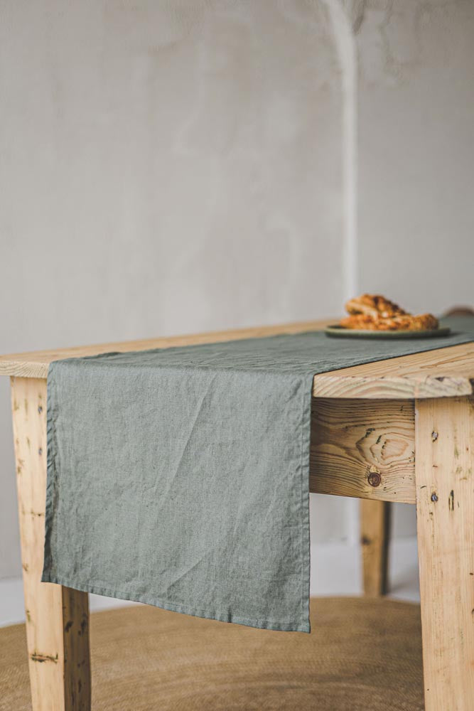 Gray green linen table runner