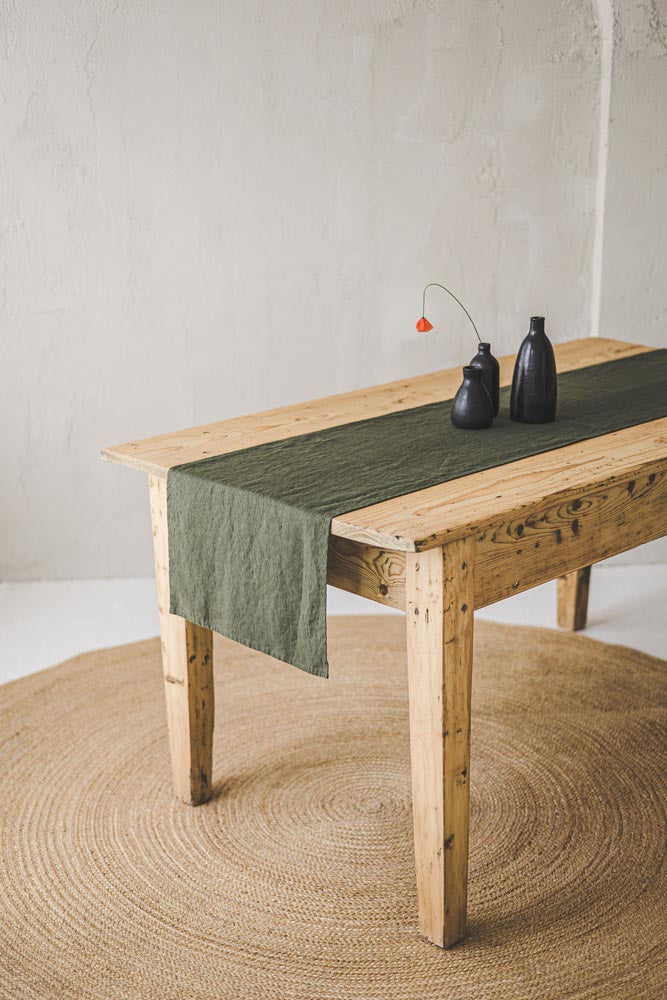 Forest green linen table runner