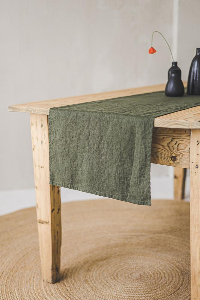 Forest green linen table runner