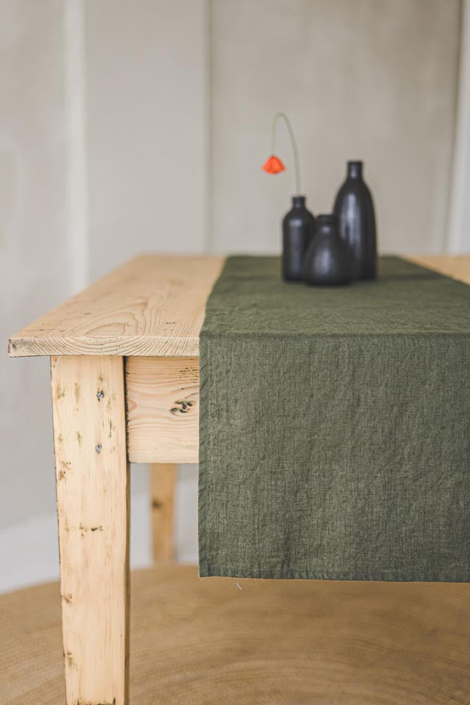 Forest green linen table runner