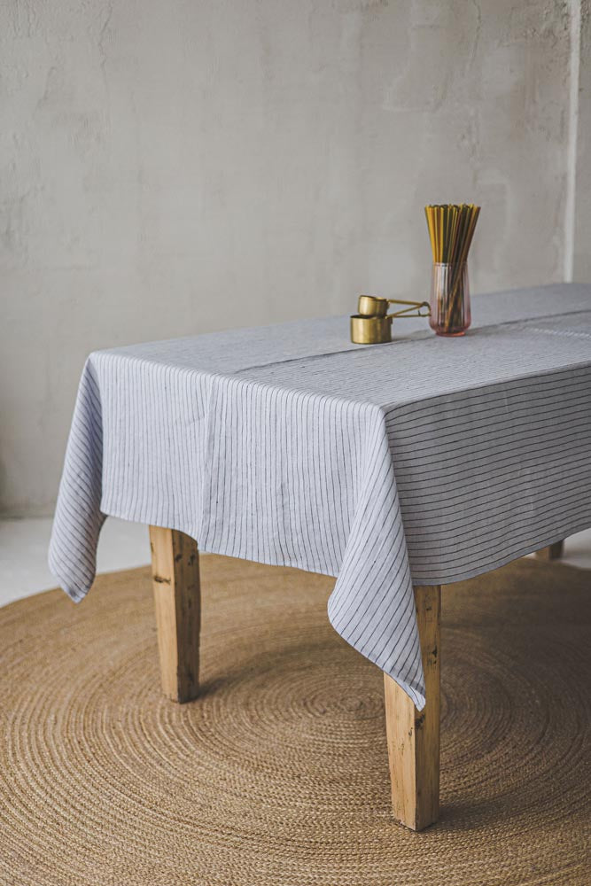Grey linen tablecloth with black stripes