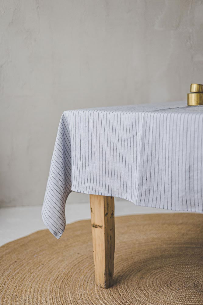 Grey linen tablecloth with black stripes