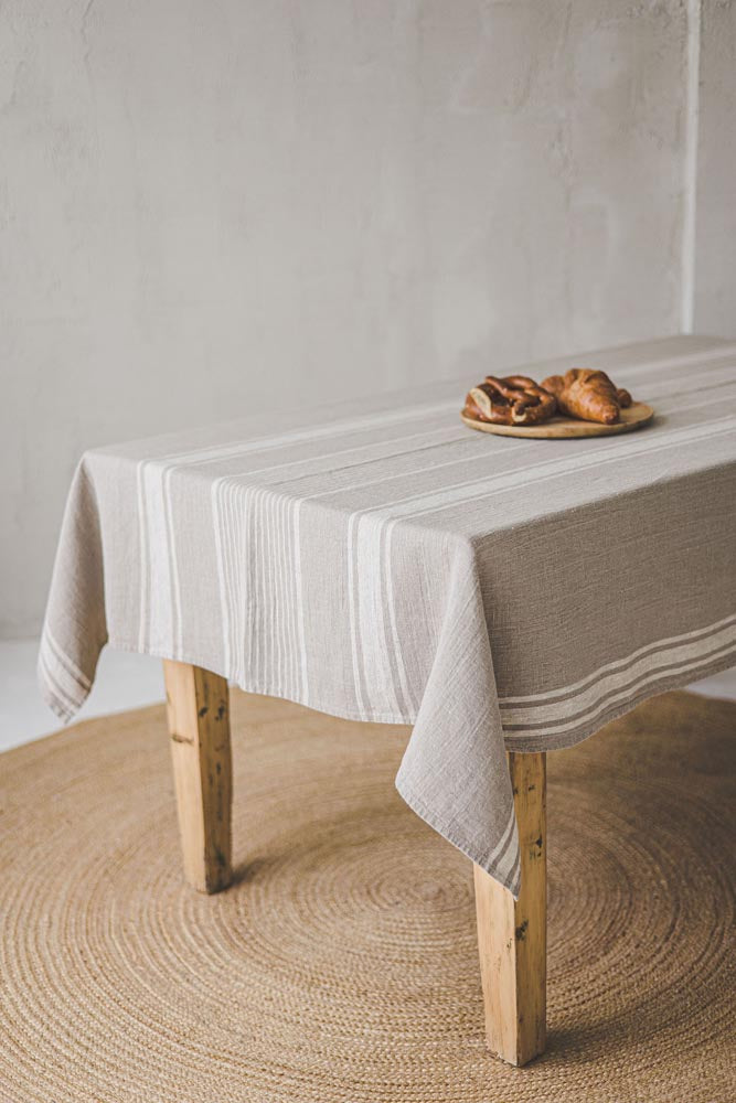 French style linen tablecloth with natural stripes