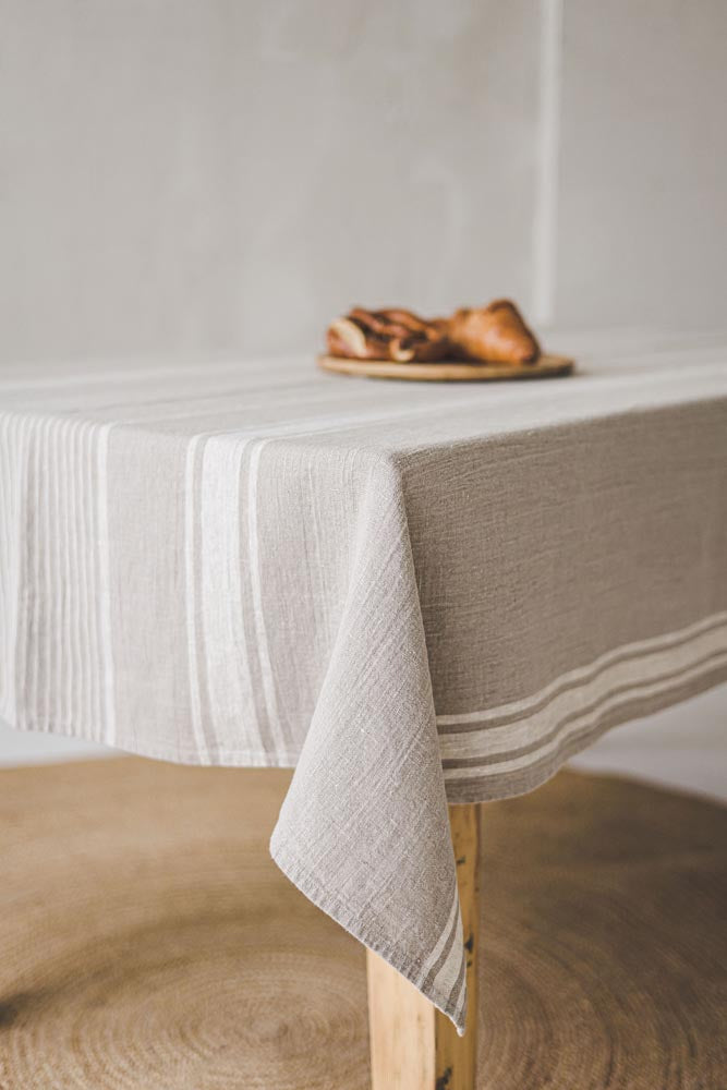 French style linen tablecloth with natural stripes