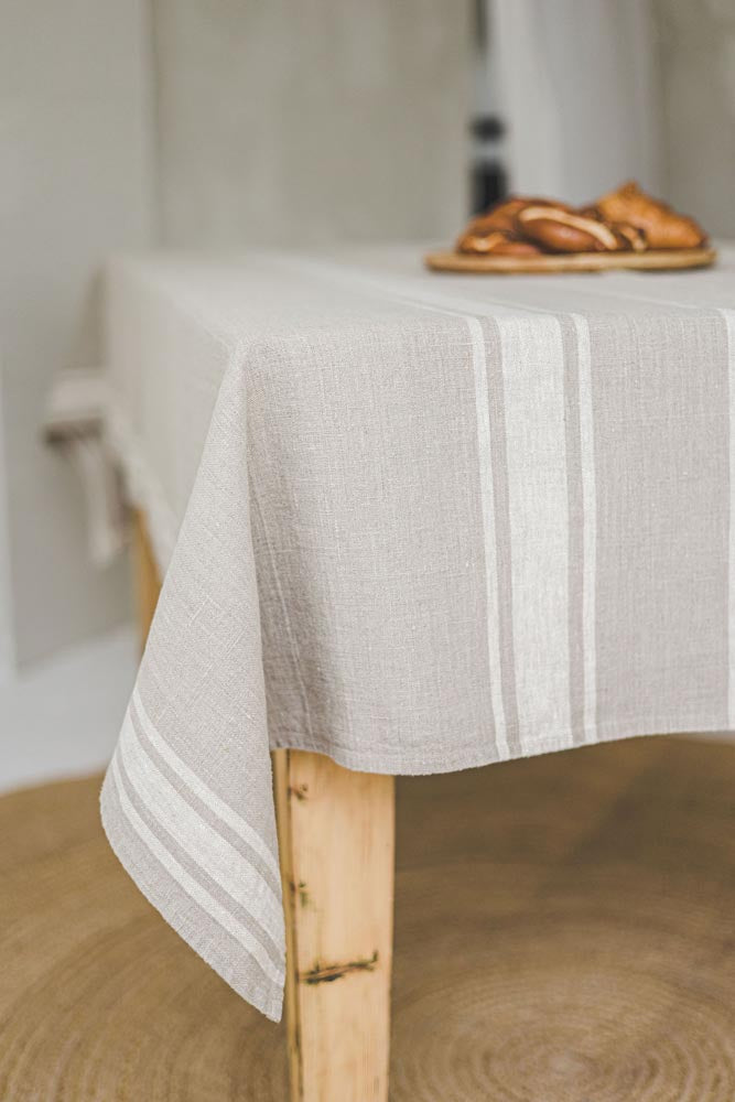 French style linen tablecloth with natural stripes