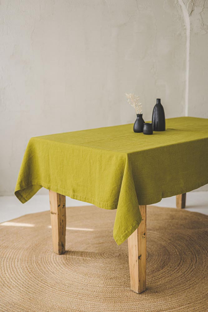 Olive linen tablecloth with mitered corners