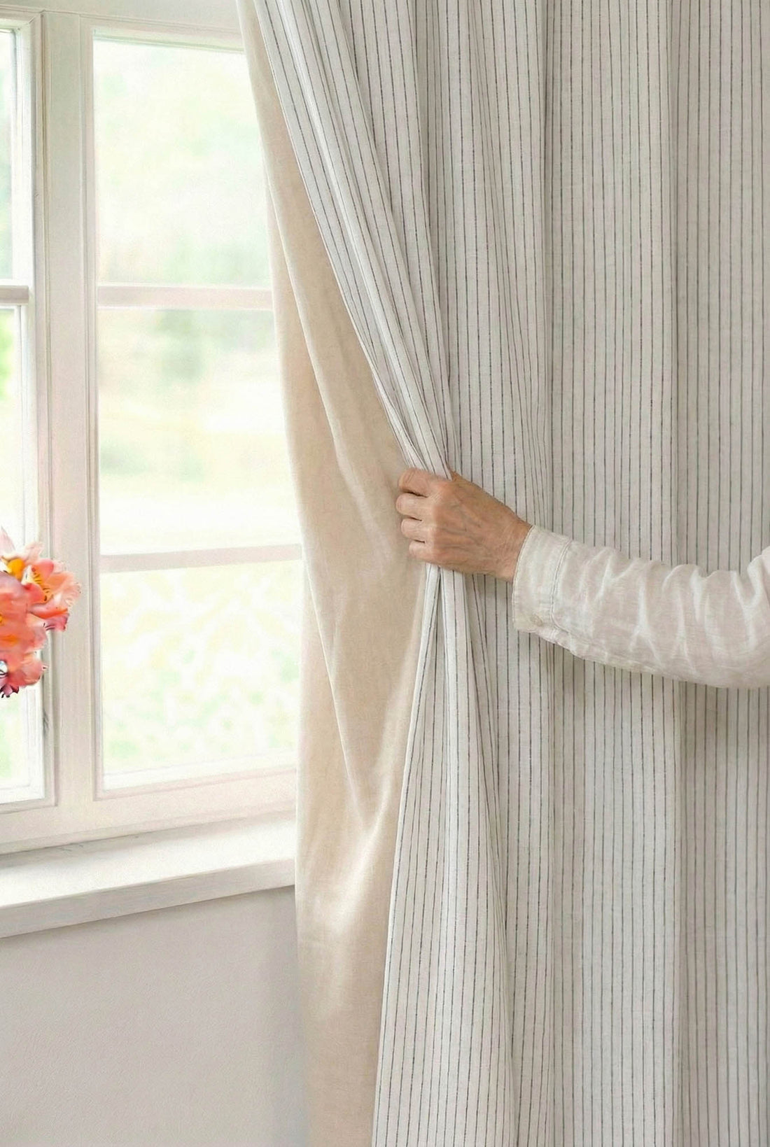 White and black striped linen blackout curtain with multifunctional heading tape