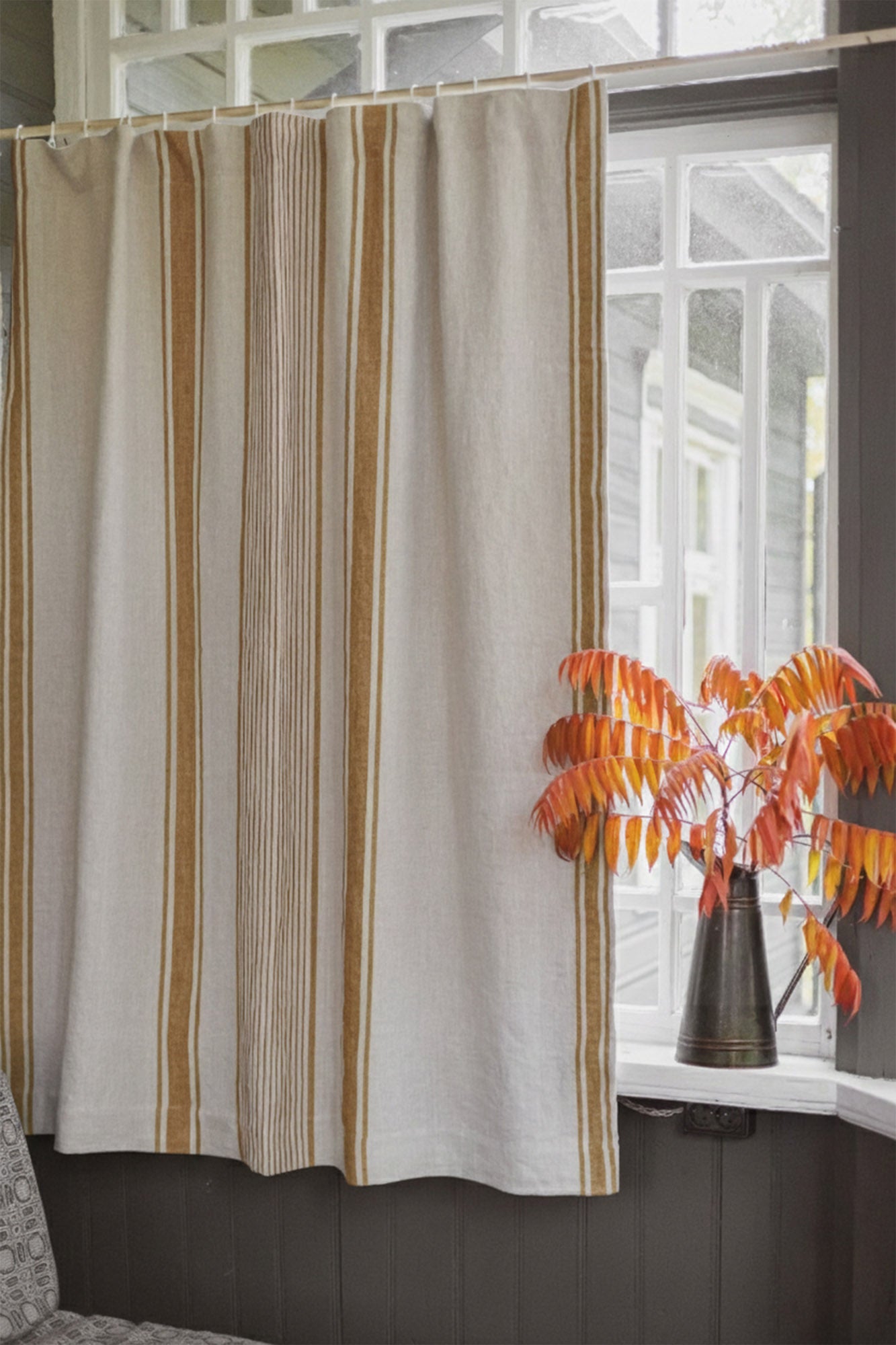 French style blackout linen curtain with golden stripes and multifunctional heading tape