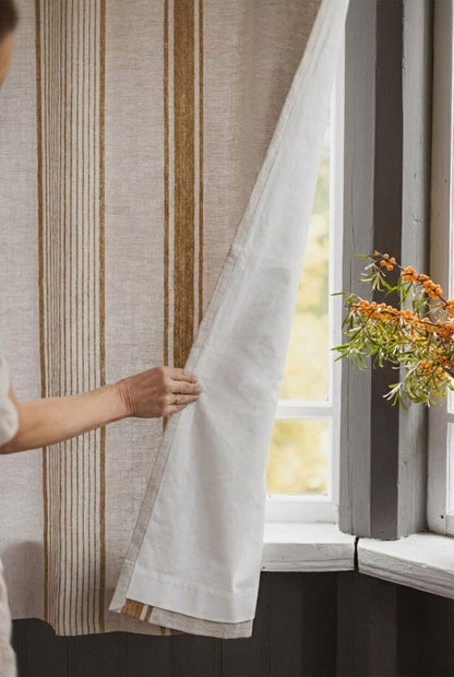 French style linen curtain with golden stripes, cotton lining, and multifunctional heading tape