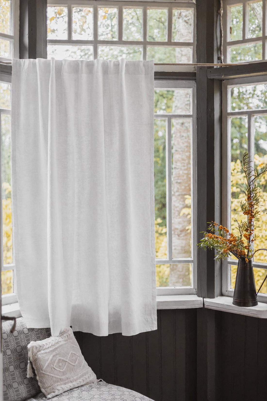 Heavyweight off white linen curtain with cotton lining and multifunctional heading tape