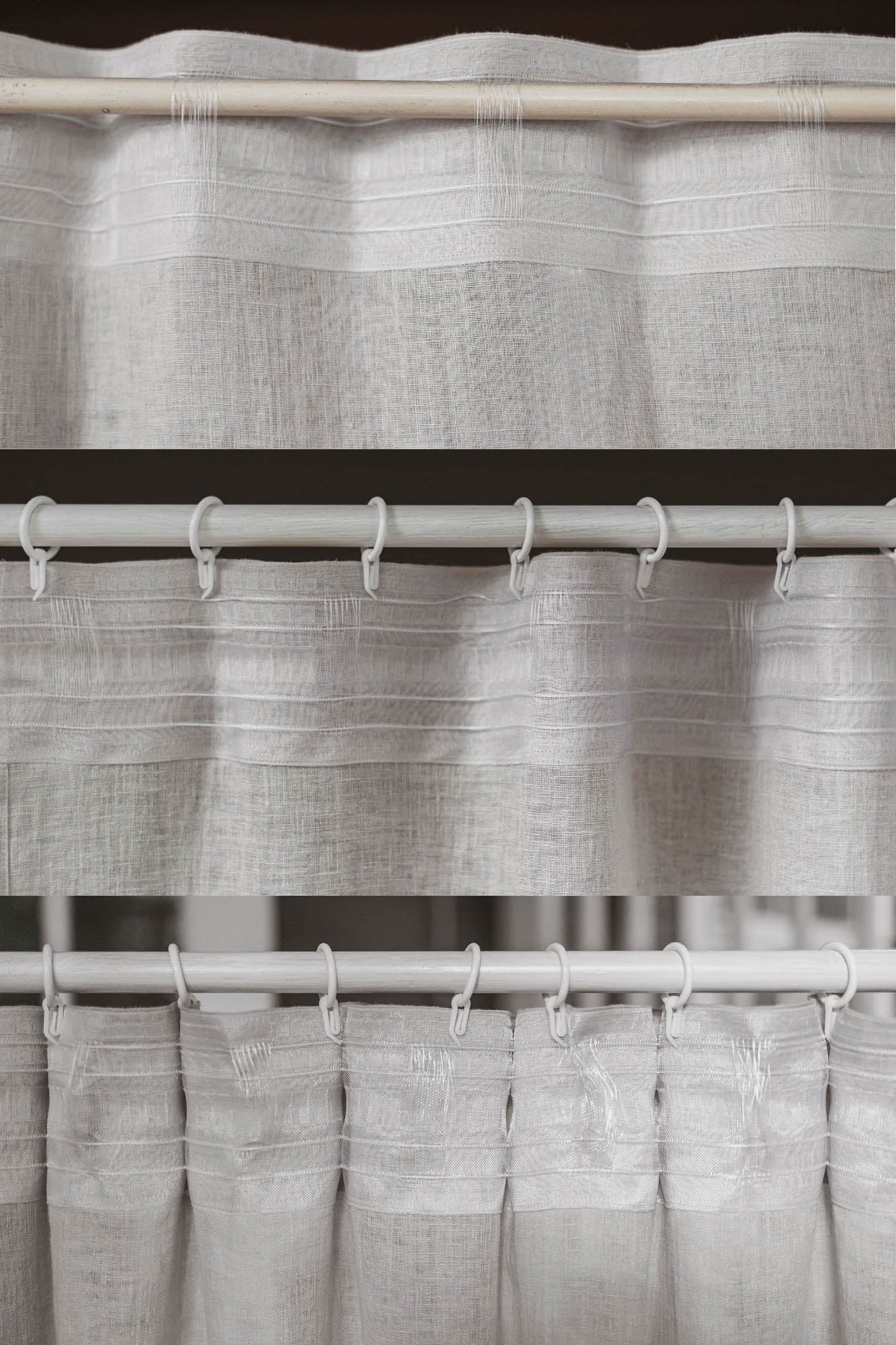 Off white sheer linen curtain with multifunctional heading tape