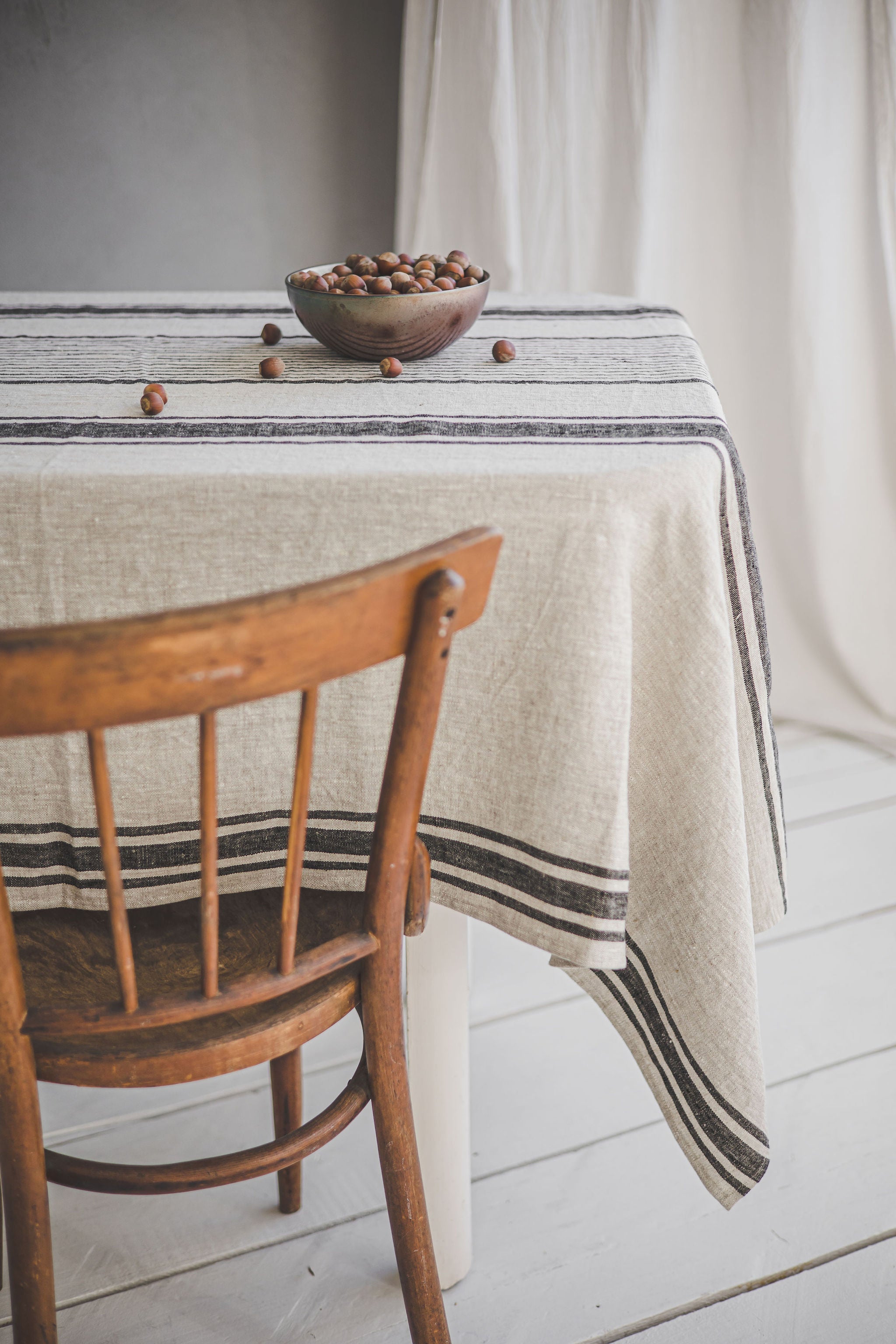 French style linen tablecloth with black stripes