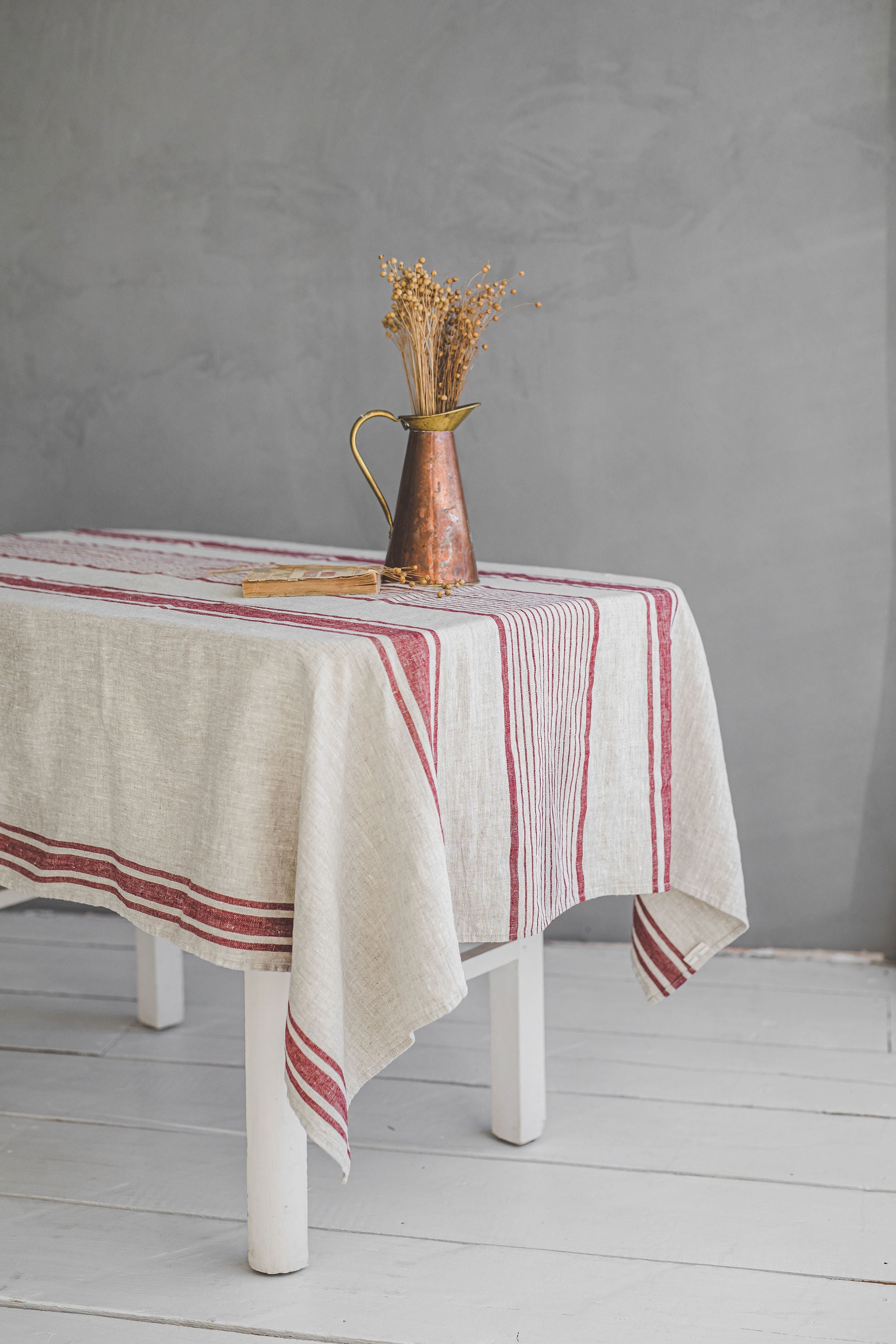 French style linen tablecloth with cherry red stripes