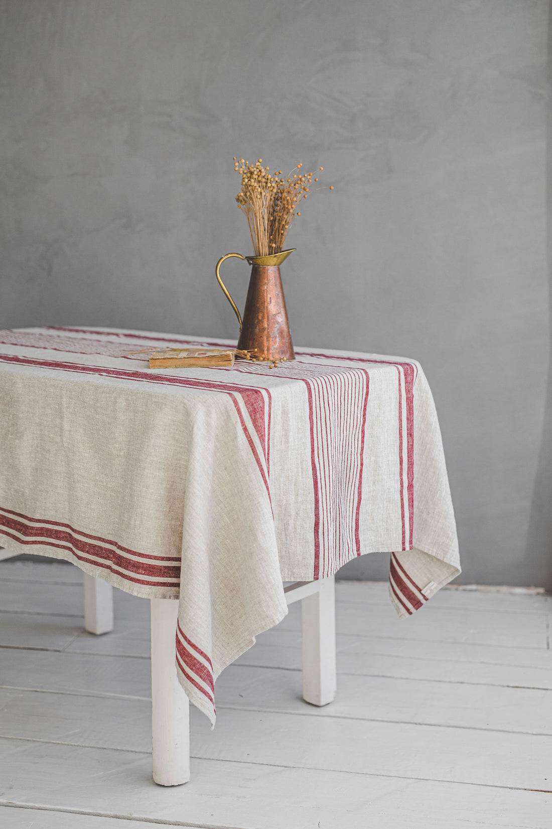 French style linen tablecloth with cherry red stripes