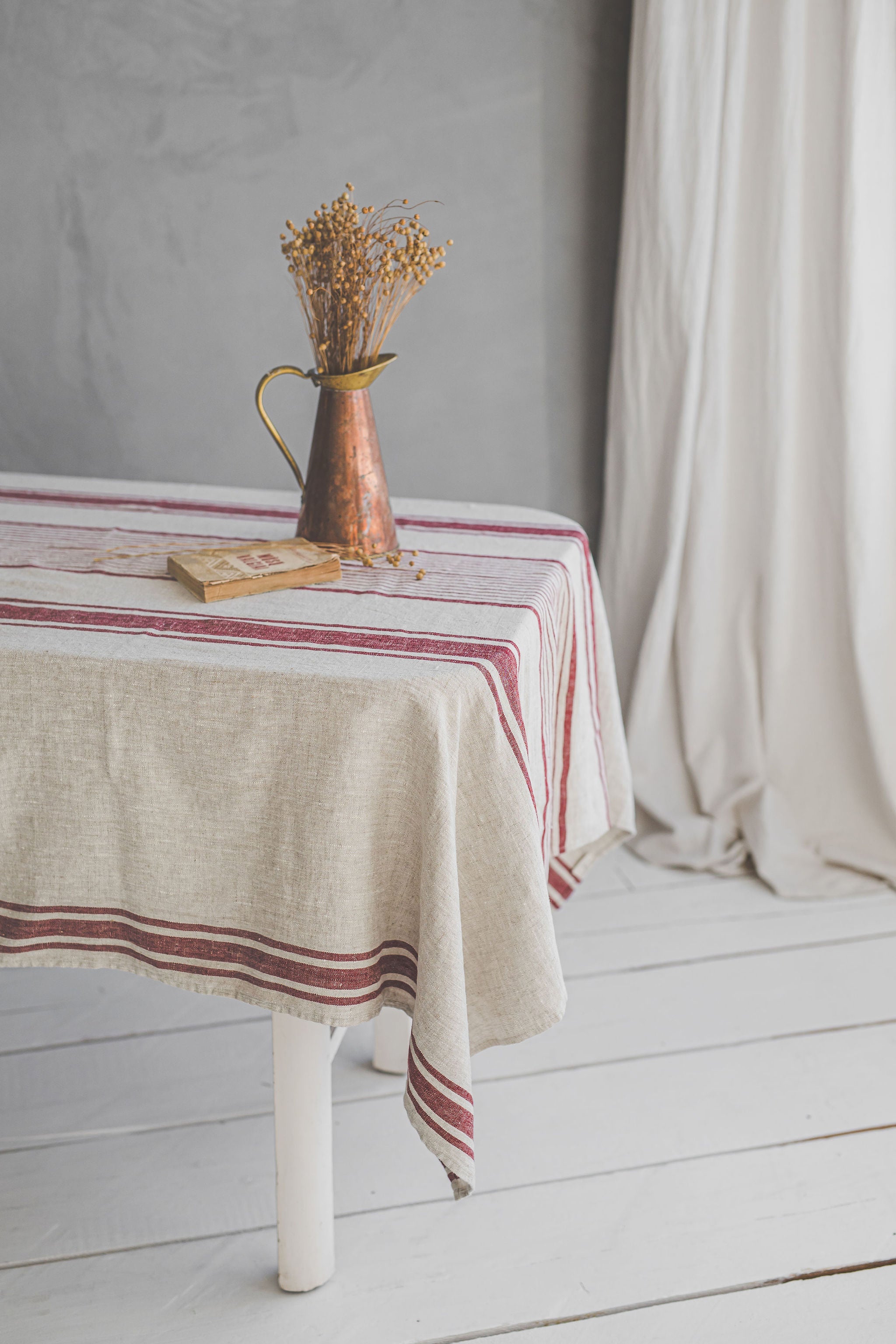 Linen tablecloth with cherry red stripes