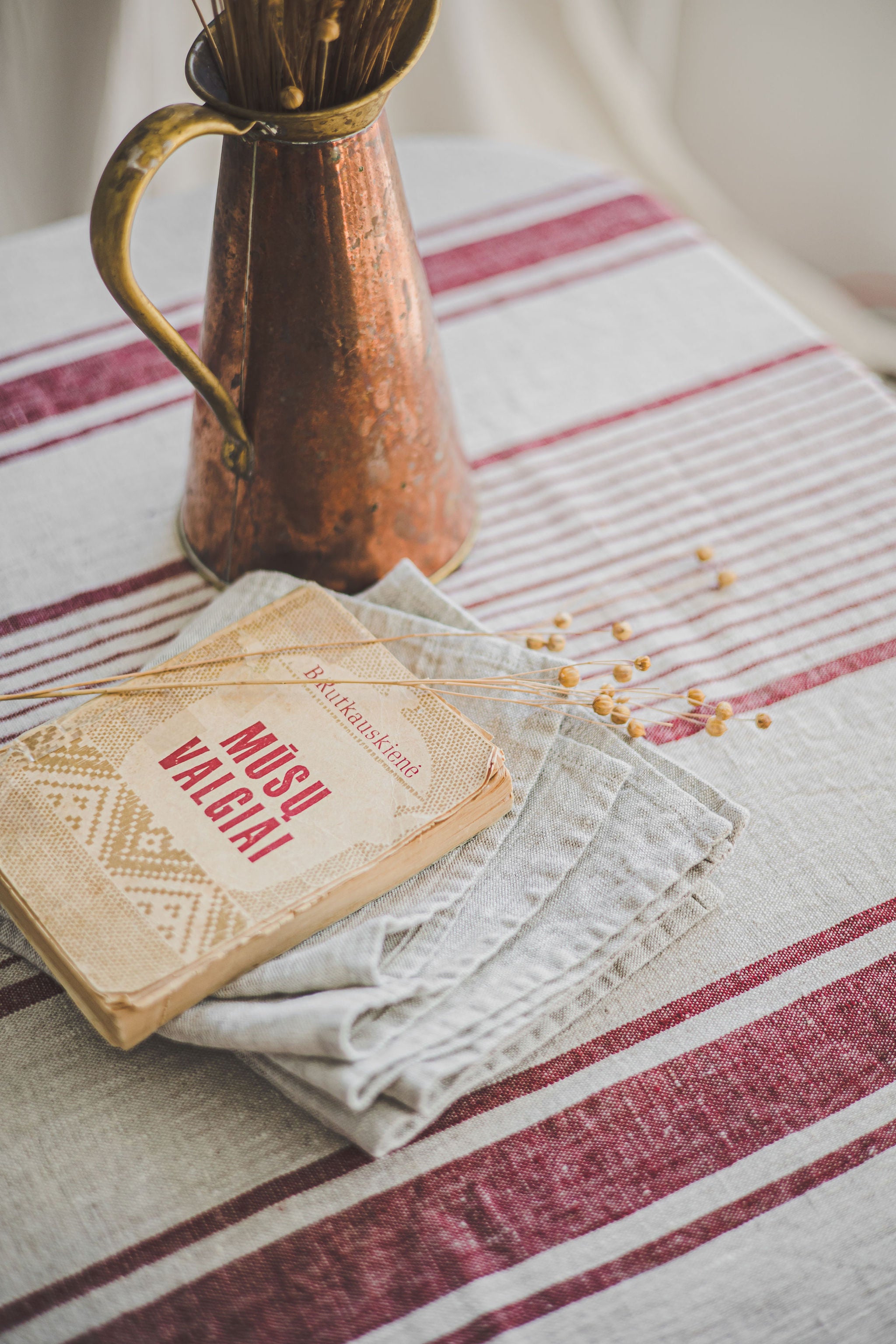 French style linen tablecloth with cherry red stripes