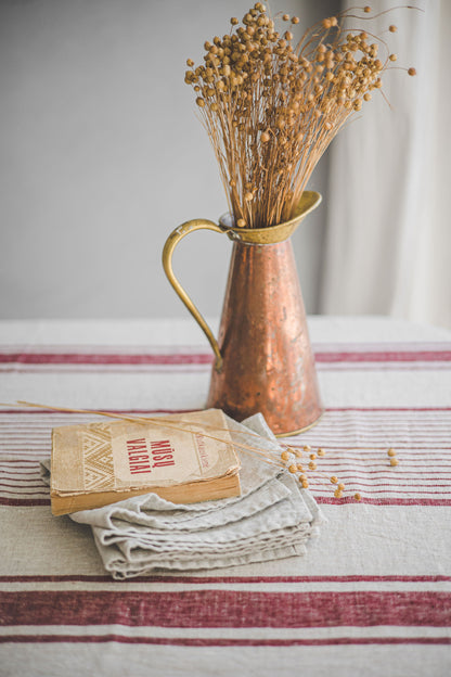 French style linen tablecloth with cherry red stripes