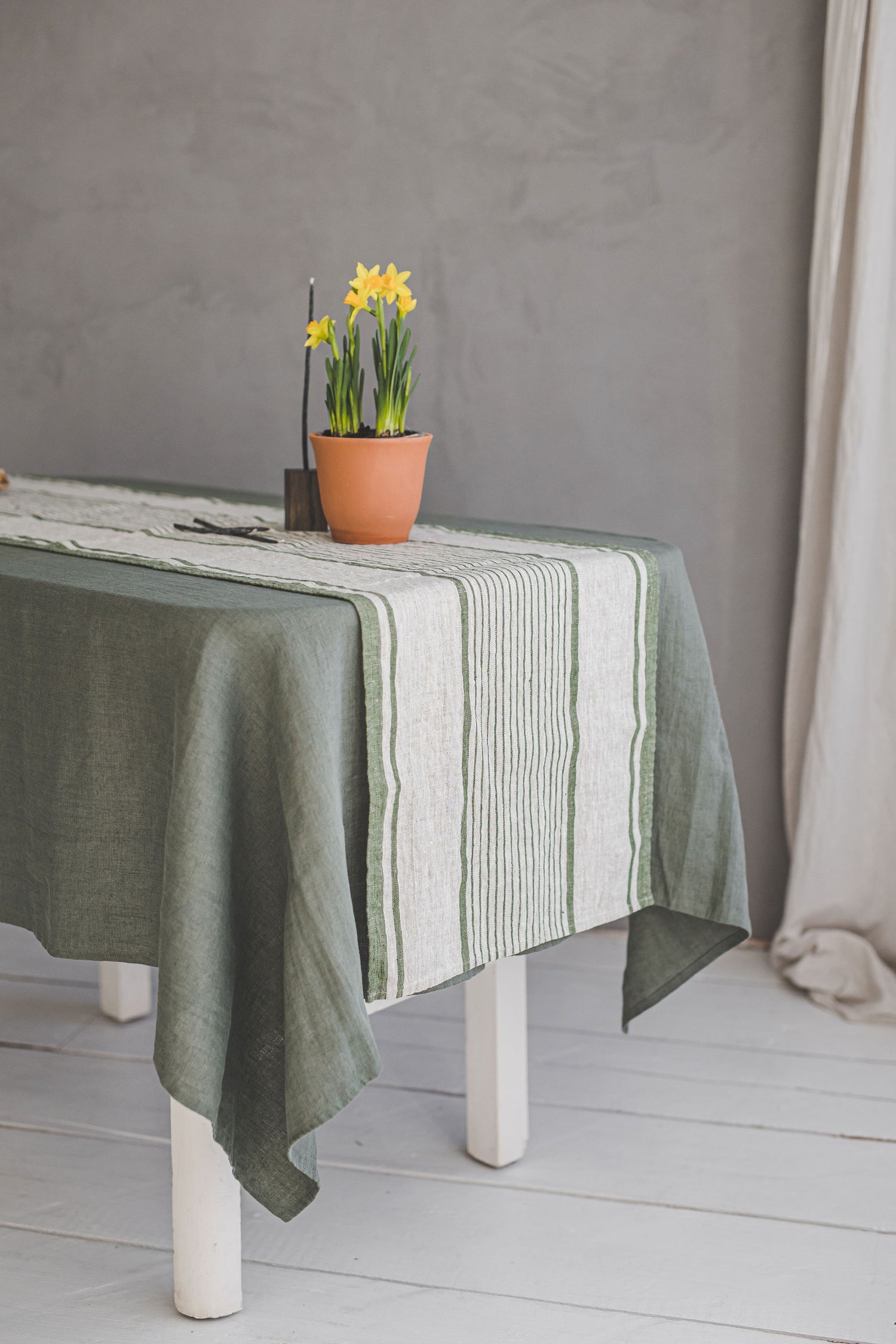 French style linen table runner with green stripes